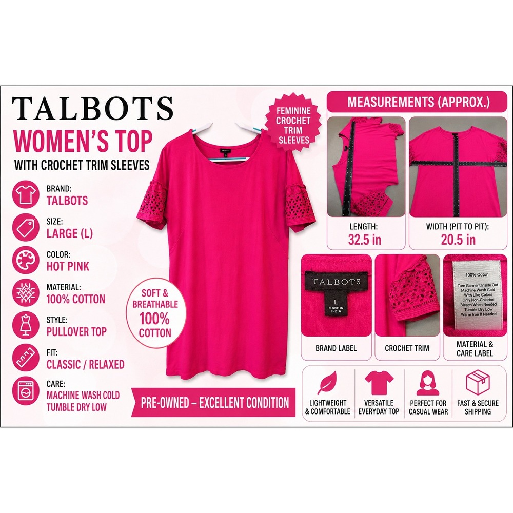 Talbots Pink Cotton Eyelet Sleeve T-Shirt Dress Size L Short Sleeve Knit Mini